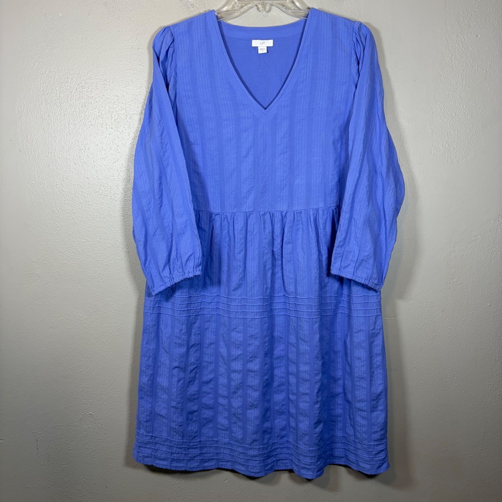 J Jill Blue Cotton Gauze Tiered Babydoll Dress XS Women VNeck 3/4 Sleeve Pintuck